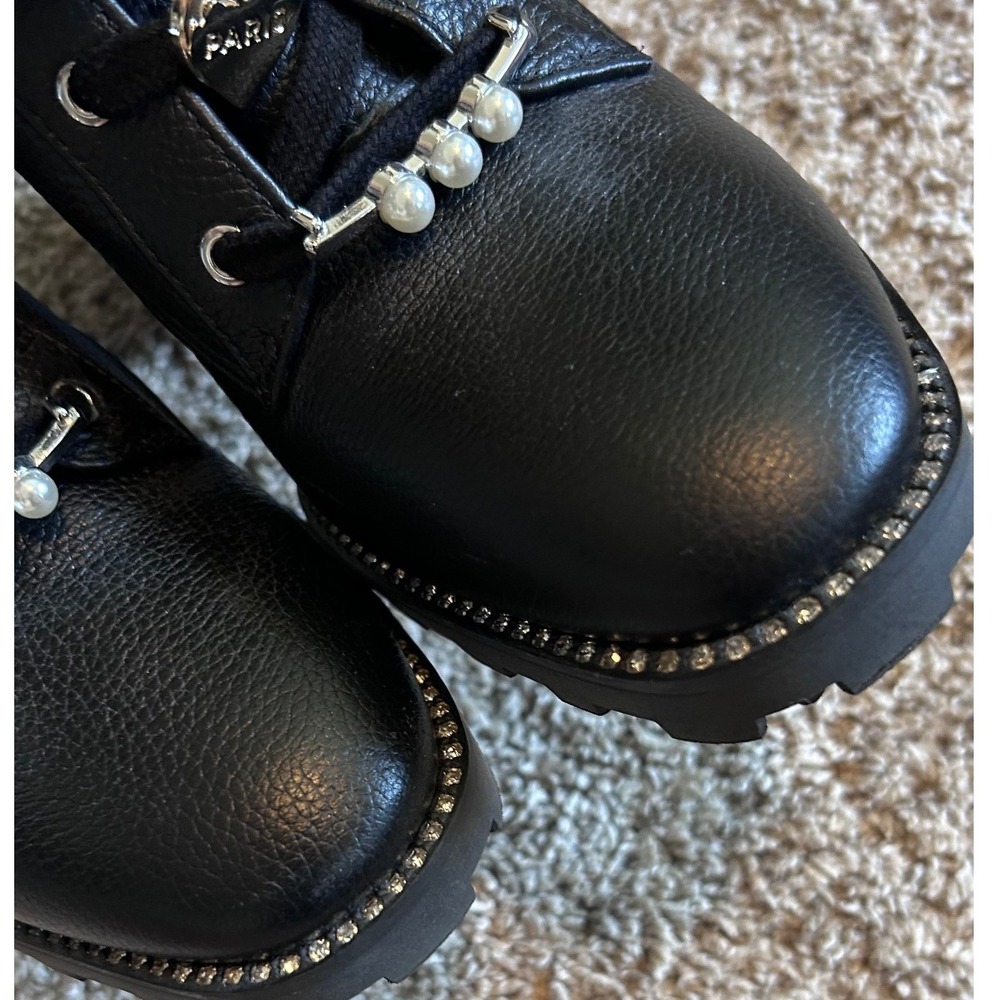 Karl Lagerfeld Paris Moto Black Leather Embellished Block Heel Combat Boots 8.5 - Picture 5 of 8